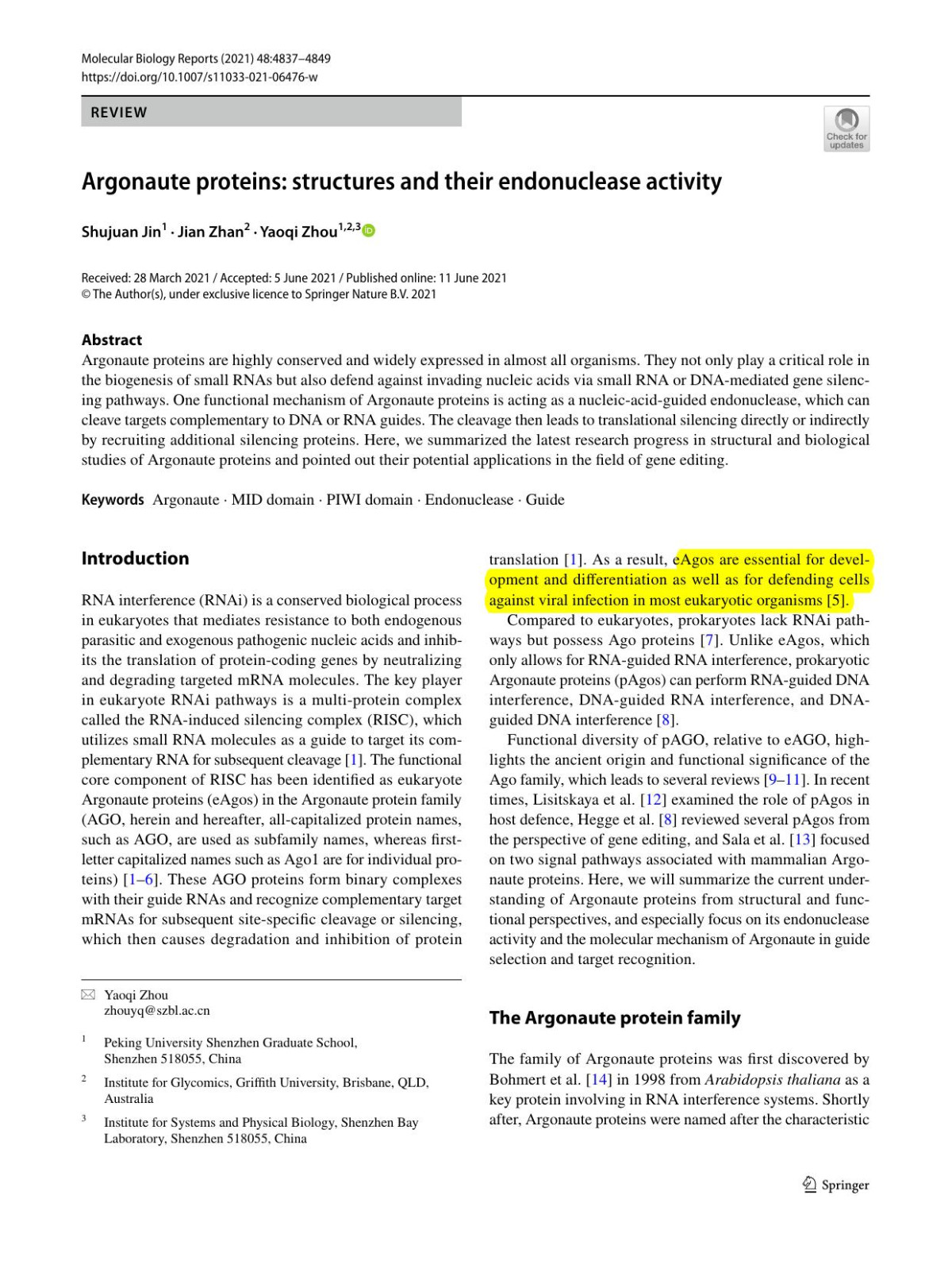 Argonaute Proteins Structures And Their Endonuclease Activity Shujuan Jin Jian Zhan Yaoqi Zhou