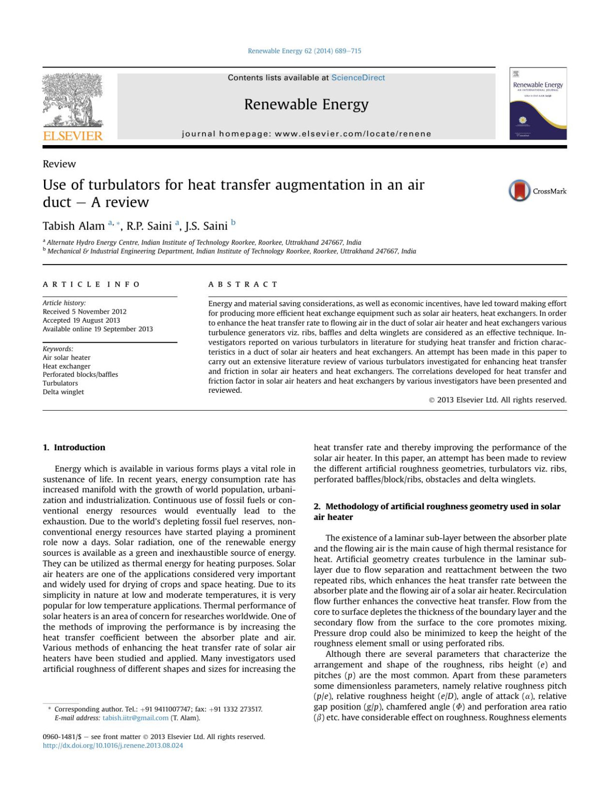 Use Of Turbulators For Heat Transfer Augmentation In An Air Duct A Review Tabish Alam Rp Saini Js Saini