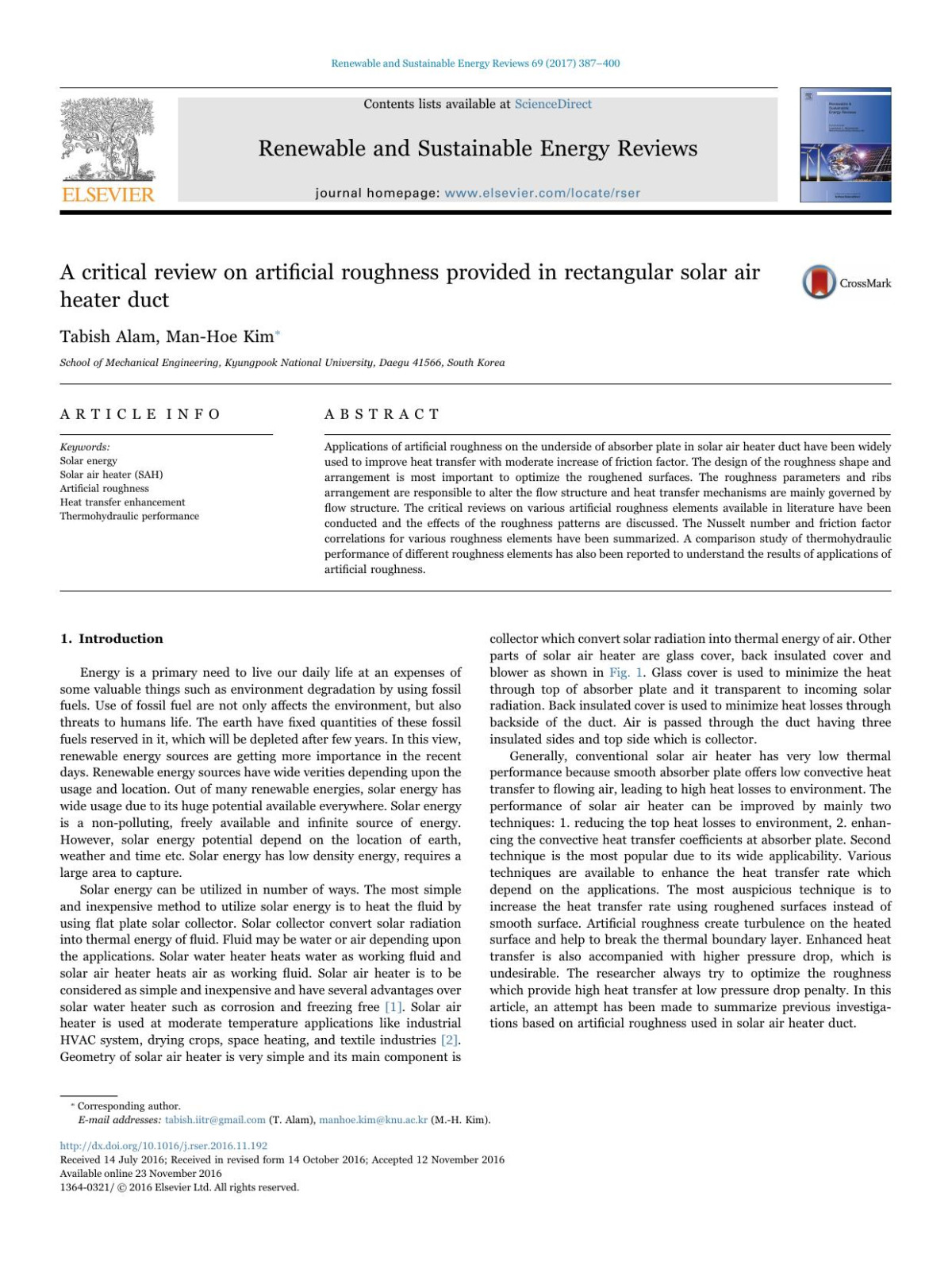 A Critical Review On Artificial Roughness Provided In Rectangular Solar Air Heater Duct Tabish Alam Manhoe Kim