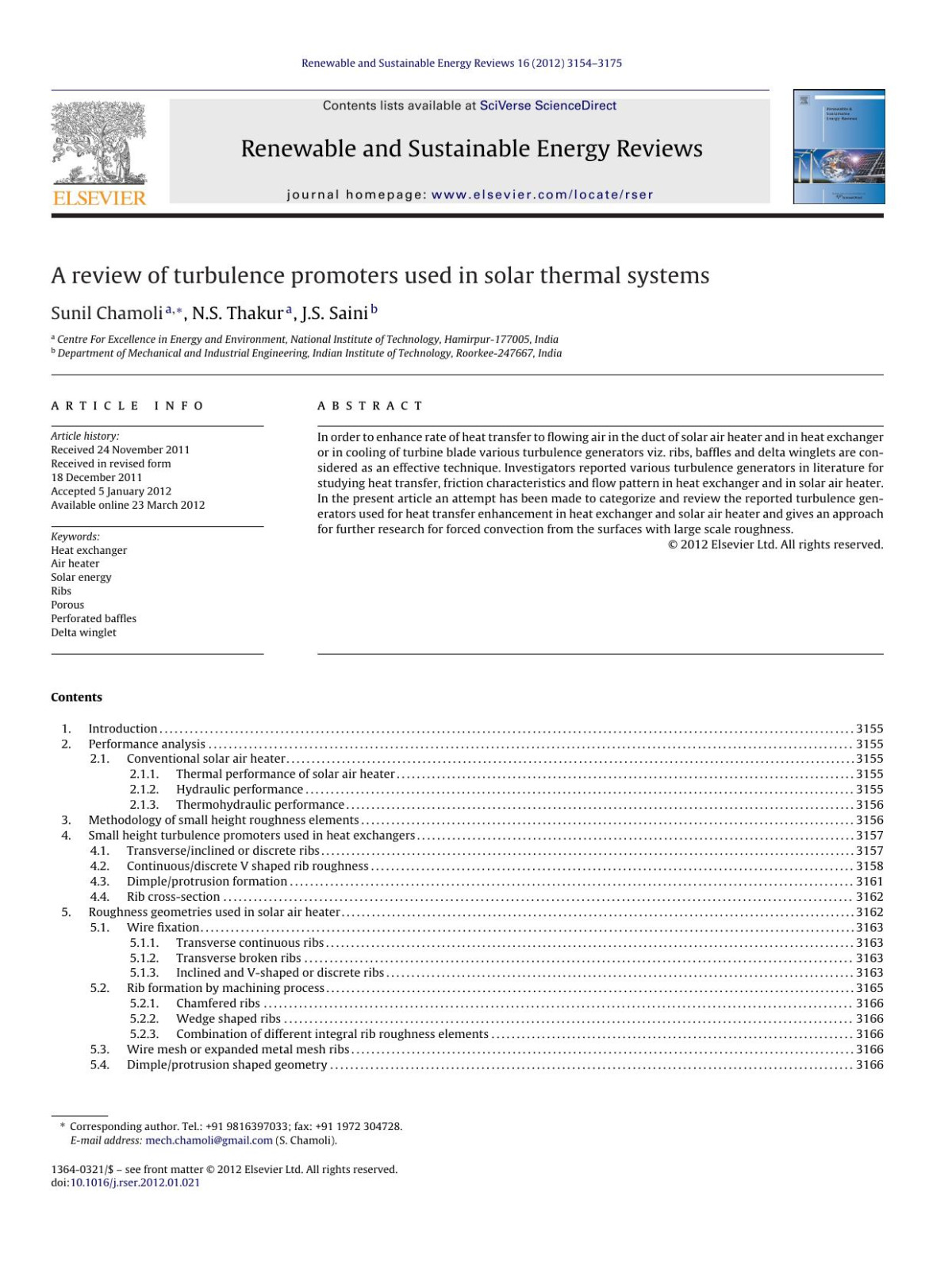 A Review Of Turbulence Promoters Used In Solar Thermal Systems Sunil Chamoli