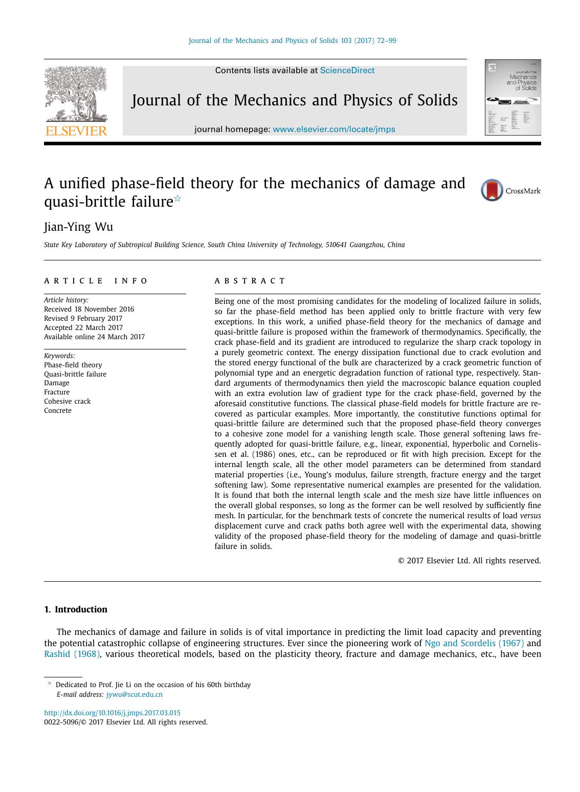 A Unified Phasefield Theory For The Mechanics Of Damage And Quasibrittle Failure Jianying Wu