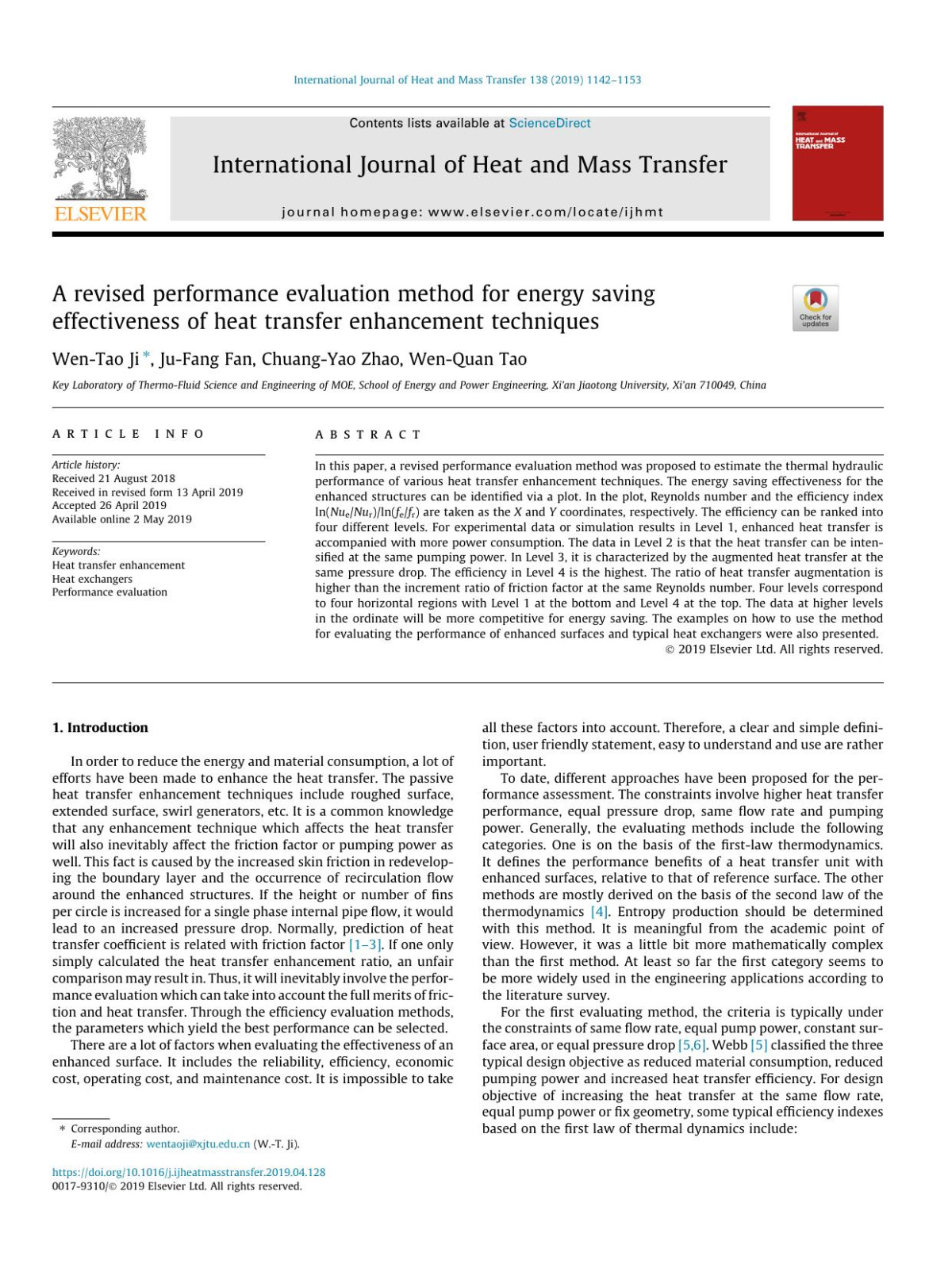 A Revised Performance Evaluation Method For Energy Saving Effectiveness Of Heat Transfer Enhancement Techniques Wentao Ji Jufang Fan Chuangyao Zhao Wenquan Tao