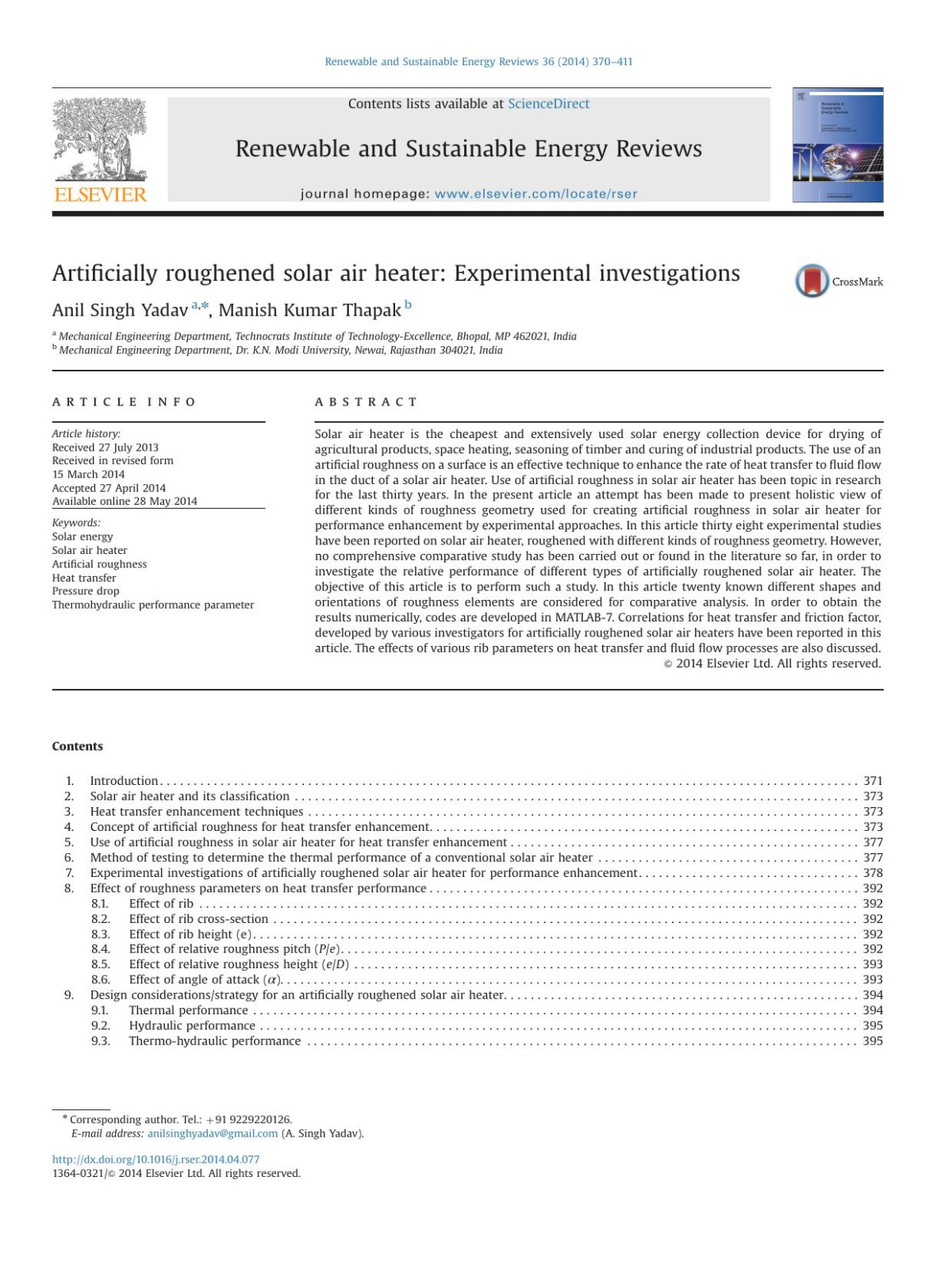 Artificially Roughened Solar Air Heater Experimental Investigations Anil Singh Yadav Manish Kumar Thapak