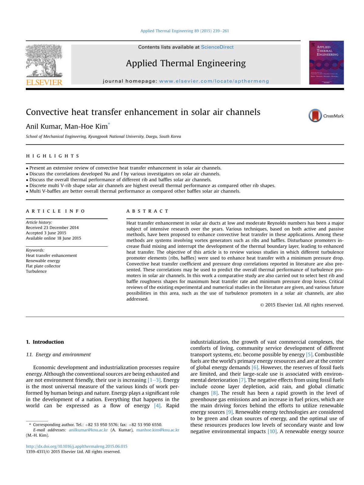 Convective Heat Transfer Enhancement In Solar Air Channels Anil Kumar Manhoe Kim