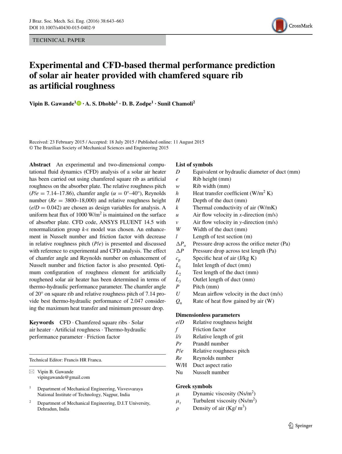 Experimental And Cfdbased Thermal Performance Prediction Of Solar Air Heater Provided With Chamfered Square Rib As Artificial Roughness Vipin B Gawande A S Dhoble D B Zodpe Sunil Chamoli
