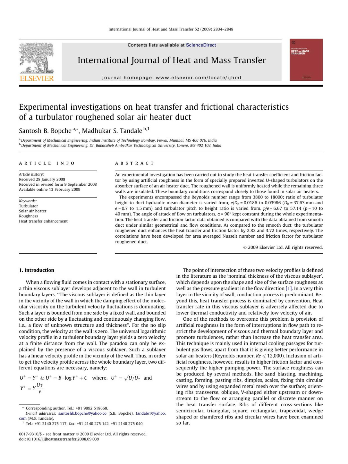 Experimental Investigations On Heat Transfer And Frictional Characteristics Of A Turbulator Roughened Solar Air Heater Duct Santosh B Bopche Madhukar S Tandale