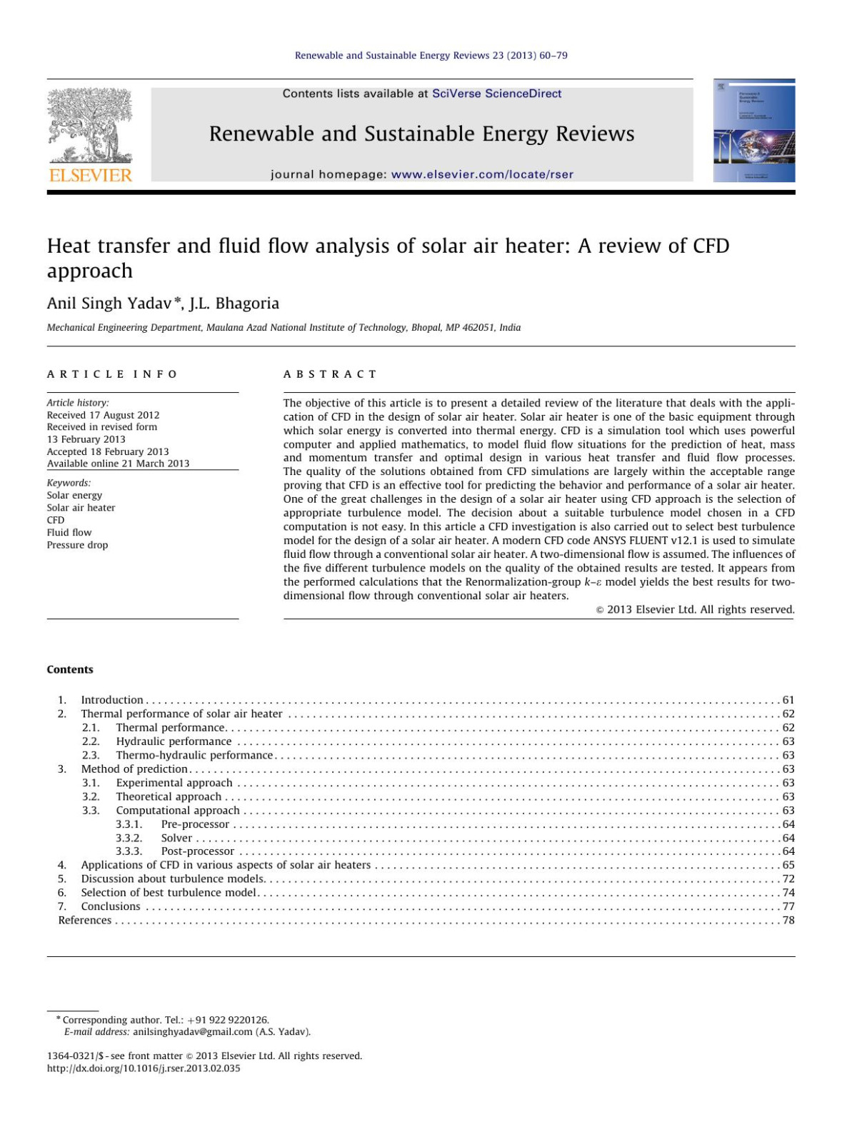 Heat Transfer And Fluid Flow Analysis Of Solar Air Heater A Review Of Cfd Approach Anil Singh Yadav Jl Bhagoria