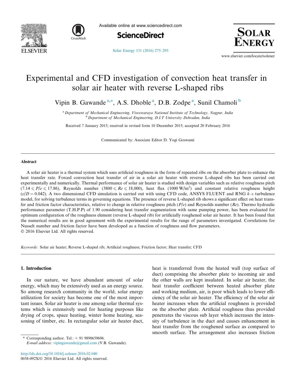 Experimental And Cfd Investigation Of Convection Heat Transfer In Solar Air Heater With Reverse Lshaped Ribs Vipin B Gawande As Dhoble Db Zodpe Sunil Chamoli