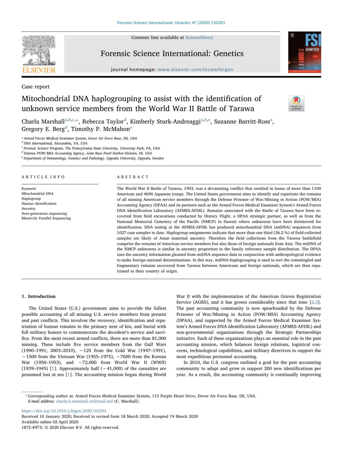Mitochondrial Dna Haplogrouping To Assist With The Identification Of Unknown Service Members From The World War Ii Battle Of Tarawa Charla Marshall Rebecca Taylor Kimberly Sturkandreaggi Suzanne Barrittross Gregory E Berg Timothy P Mcmahon