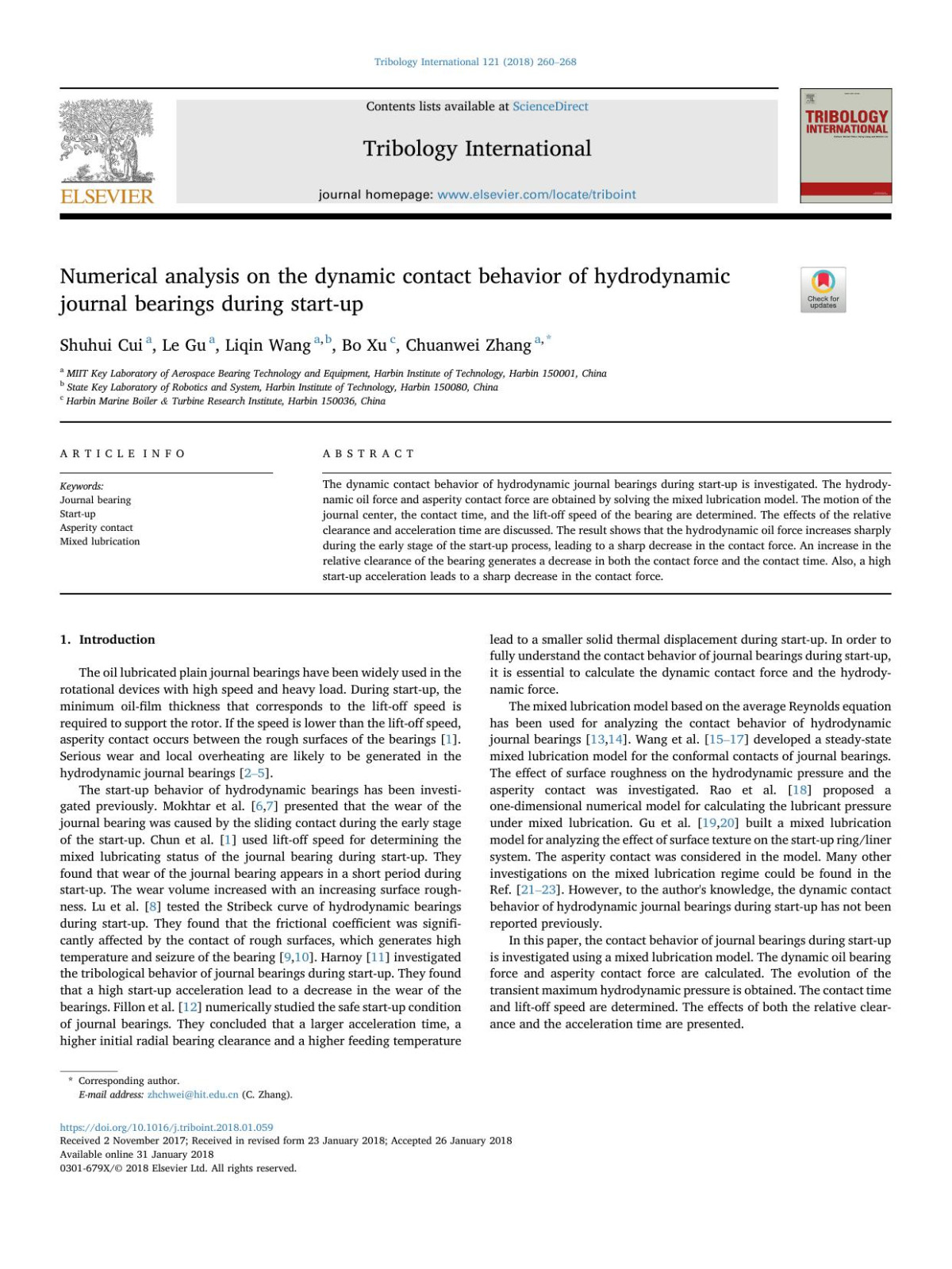 Numerical Analysis On The Dynamic Contact Behavior Of Hydrodynamic Journal Bearings During Startup Shuhui Cui Le Gu Liqin Wang Bo Xu Chuanwei Zhang