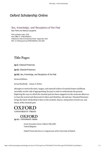 Sex Knowledge And Receptions Of The Past Online Kate Fisher