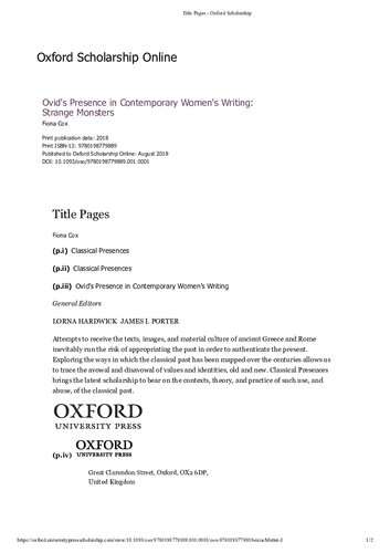 Ovids Presence In Contemporary Womens Writing Strange Monsters Online Fiona Cox