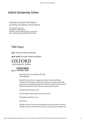 Choruses Ancient And Modern Online Joshua Billings Felix Budelmann Fiona Macintosh