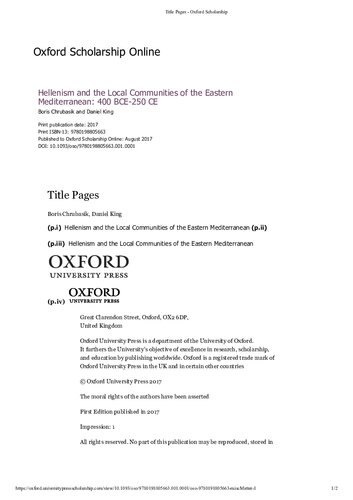 Hellenism And The Local Communities Of The Eastern Mediterranean 400 Bce250 Ce Online Boris Chrubasik