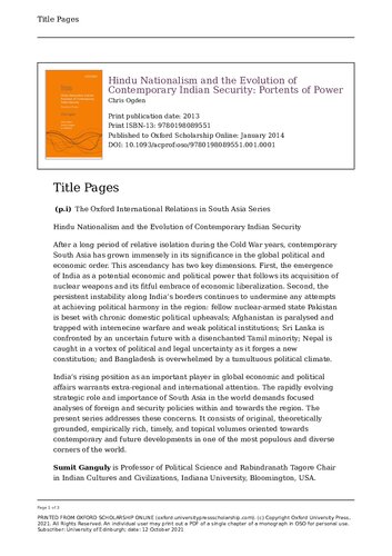 Hindu Nationalism And The Evolution Of Contemporary Indian Security Portents Of Power 1st Edition Chris Ogden