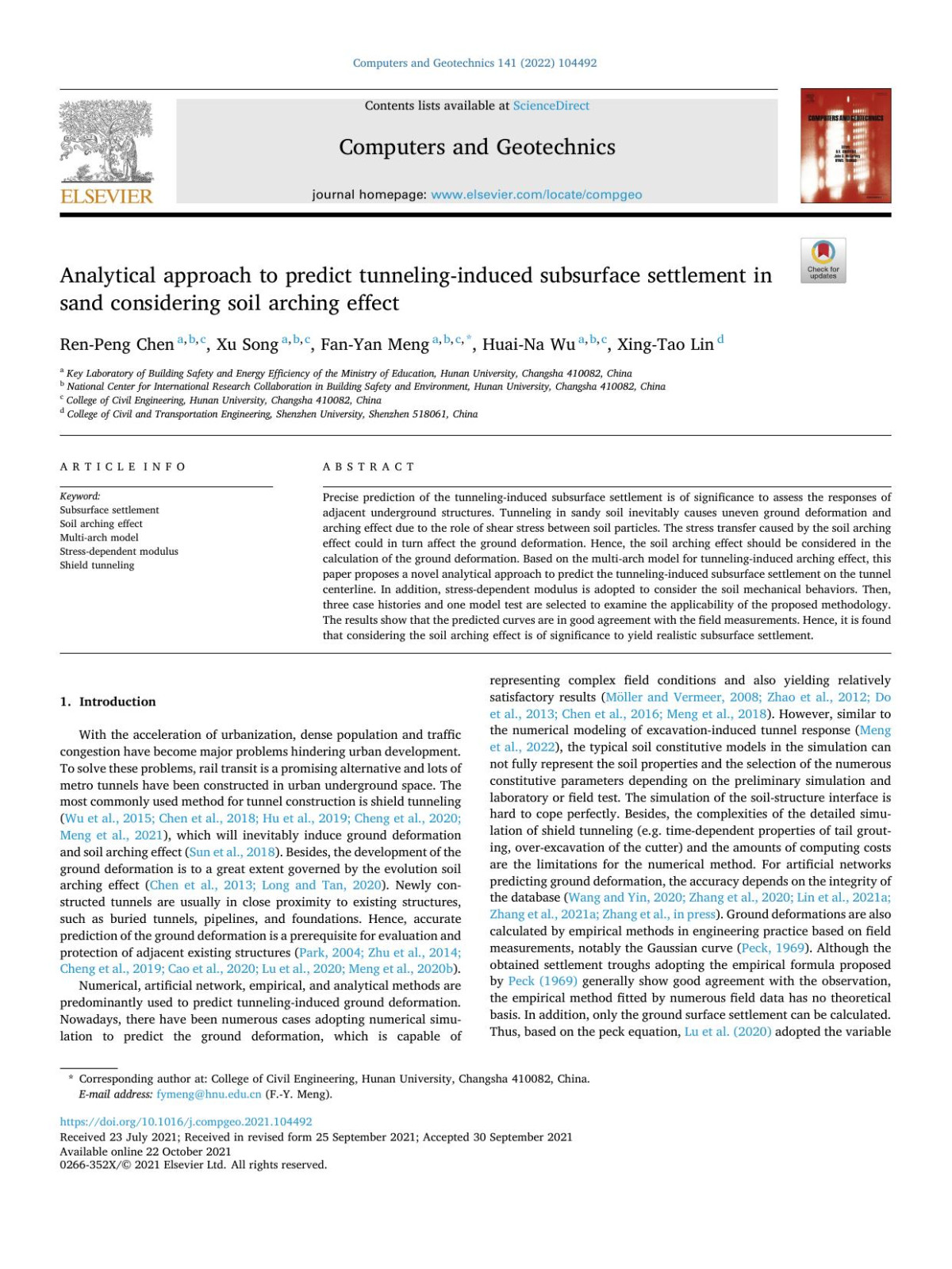 Analytical Approach To Predict Tunnelinginduced Subsurface Settlement In Sand Considering Soil Arching Effect Renpeng Chen