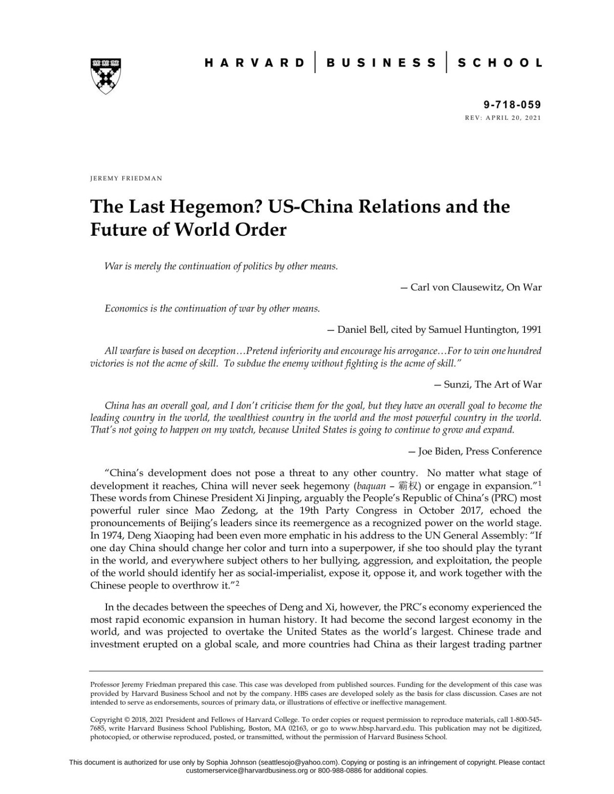 The Last Hegemon Uschina Relations And The Future Of World Order Jeremy Friedman