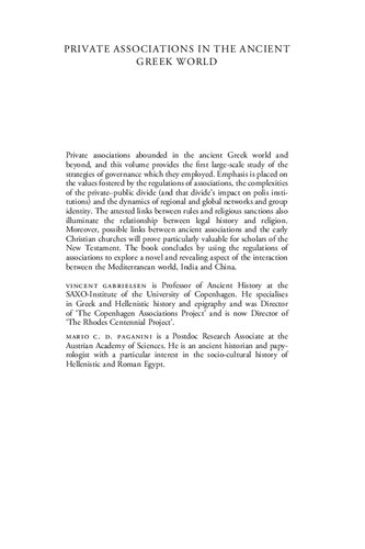 Private Associations In The Ancient Greek World Regulations And The Creation Of Group Identity Vincent Gabrielsen Mario C D Paganini