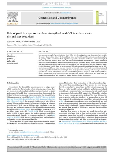 Role Of Particle Shape On The Shear Strength Of Sandgcl Interfaces Under Dry And Wet Conditions Anjali Gpillai And Madhavi Latha Gali