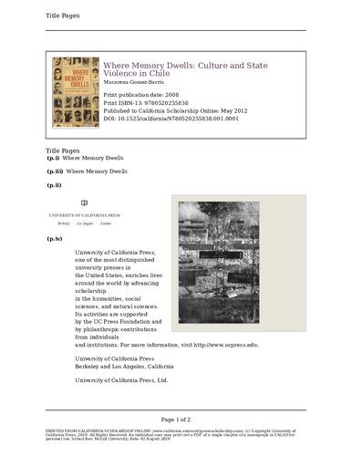Where Memory Dwells Culture And State Violence In Chile Macarena Gomezbarris