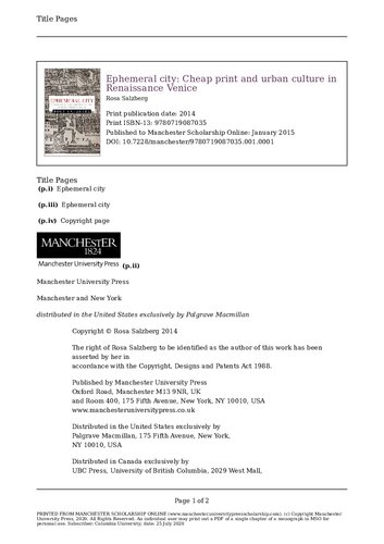 Ephemeral City Cheap Print And Urban Culture In Renaissance Venice Illustrated Rosa Salzberg