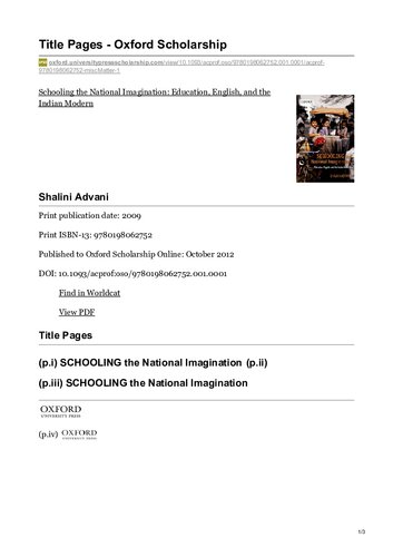 Schooling The National Imagination Education English And The Indian Modern Shalini Advani