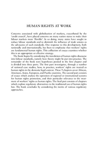 Human Rights At Work Perspectives On Law And Regulation Colin Fenwick Editor