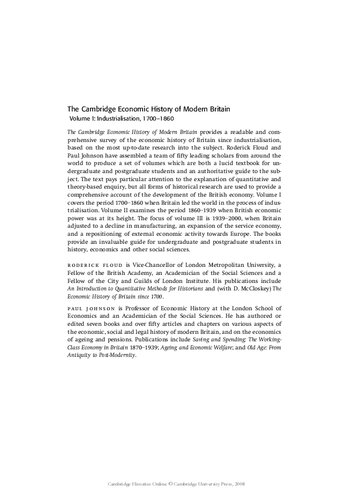 The Cambridge Economic History Of Modern Britain Volume 1 Industrialisation 17001860 Floud