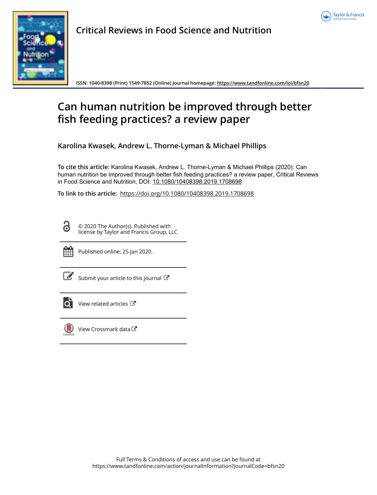Can Human Nutrition Be Improved Through Better Fish Feeding Practices A Review Paper Kwasek Karolina Thornelyman Andrew L Phillips Michael