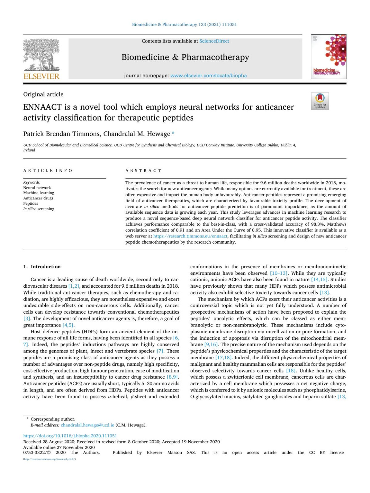 Ennaact Is A Novel Tool Which Employs Neural Networks For Anticancer Activity Classification For Therapeutic Peptides Patrick Brendan Timmons