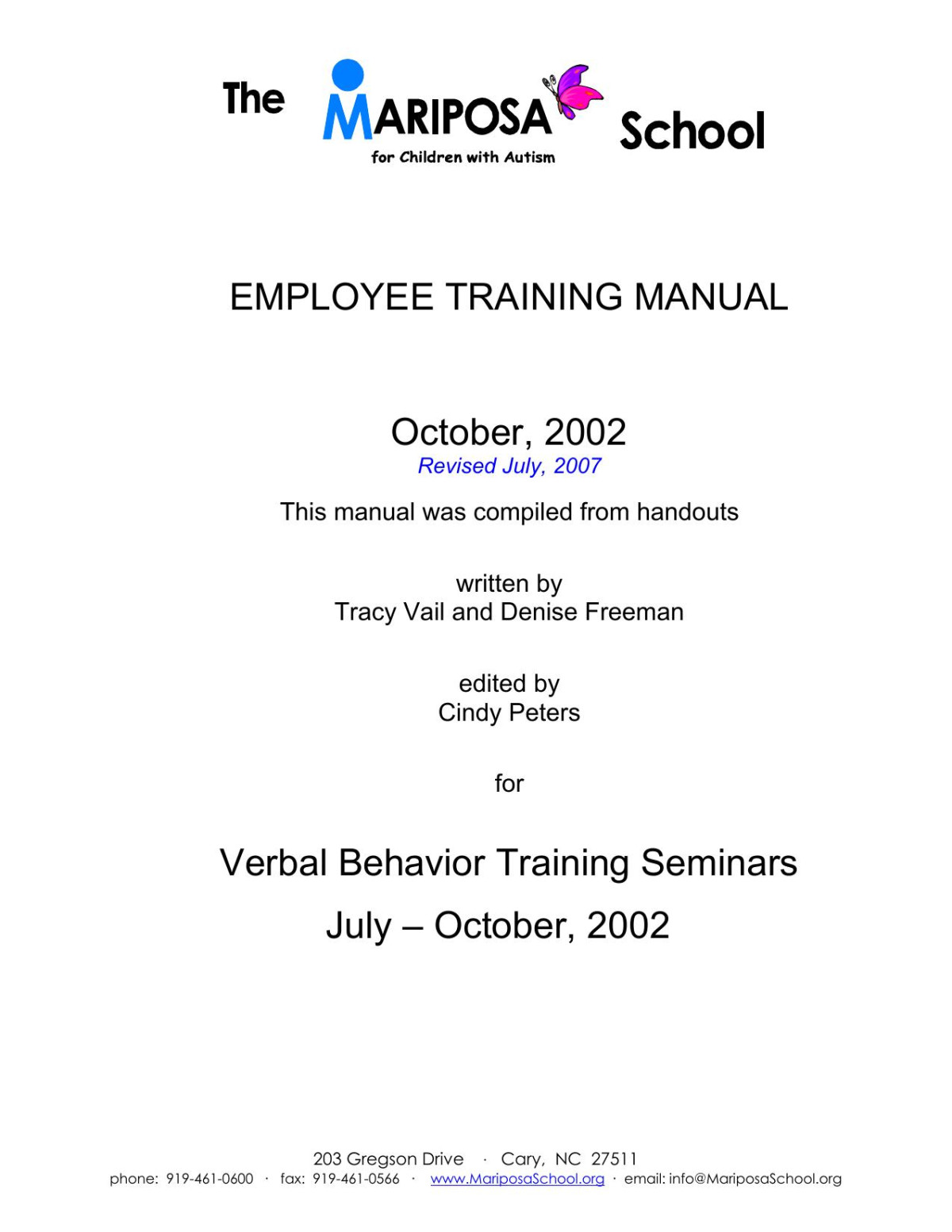 The Mariposa School For Children With Autism Employee Training Manual Revised 20070718 Vail