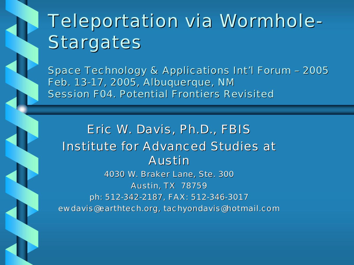 Teleportation Via Wormholestargates Eric W Davis