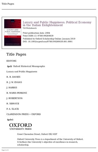 Luxury And Public Happiness In The Italian Enlightenment Oxford Historical Monographs 1st Edition Till Wahnbaeck