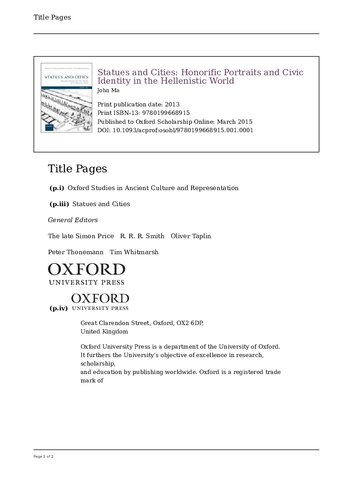 Statues And Cities Honorific Portraits And Civic Identity In The Hellenistic World Online John Ma