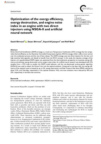 Optimization Of The Exergy Efficiency Exergy Destruction And Engine Noise Index In An Engine With Two Direct Injectors Using Nsgaii And Artificial Neural Network Saeid Shirvani