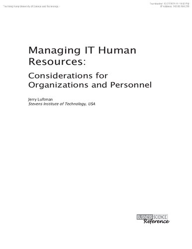 Managing It Human Resources Considerations For Organizations And Personnel 1st Edition Jerry Luftman