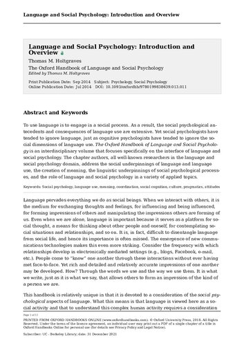 The Oxford Handbook Of Language And Social Psychology Thomas M Holtgraves