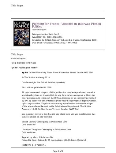 Fighting For France Violence In Interwar French Politics Chris Millington