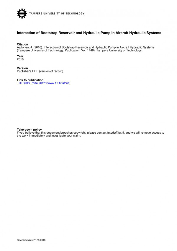Interaction Of Bootstrap Reservoir And Hydraulic Pump In Aircraft Hydraulic Systems Jussi Aaltonen