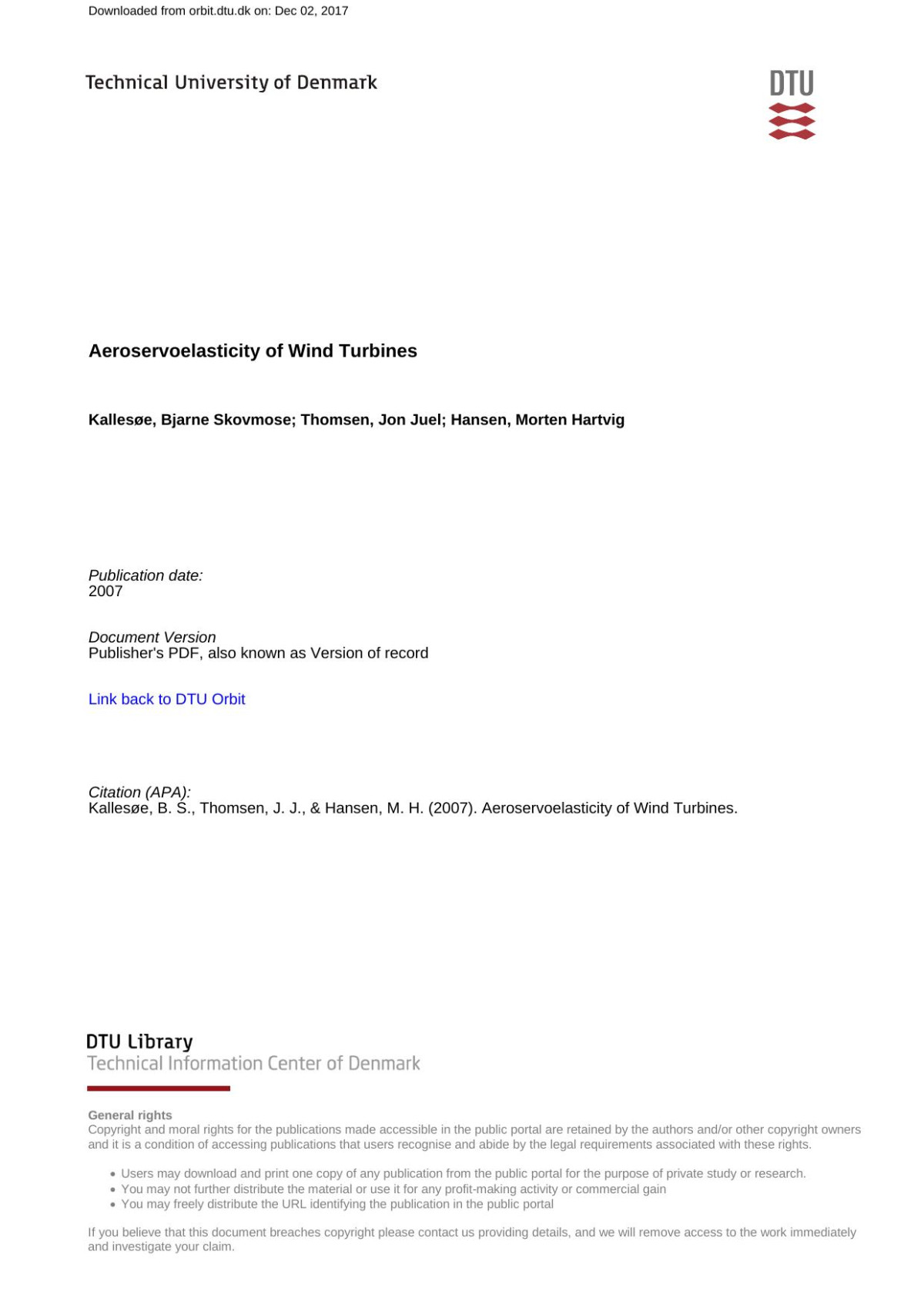 Aeroservoelasticity Of Wind Turbines Bjarne Skovmose Kallesøe