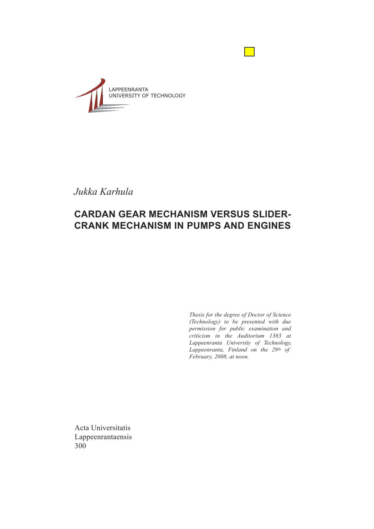 Cardan Gear Mechanism Versus Slidercrank Mechanism In Pumps And Engines Jukka Karhula