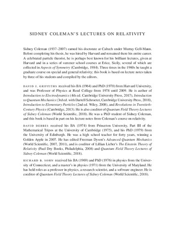 Sidney Colemans Lectures On Relativity New David J Griffiths