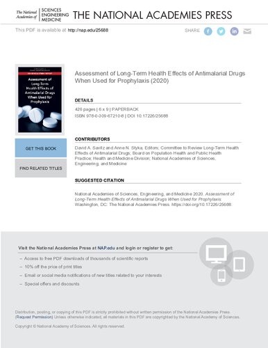 Assessment Of Longterm Health Effects Of Antimalarial Drugs When Used For Prophylaxis 1st Edition And Medicine National Academies Of Sciences