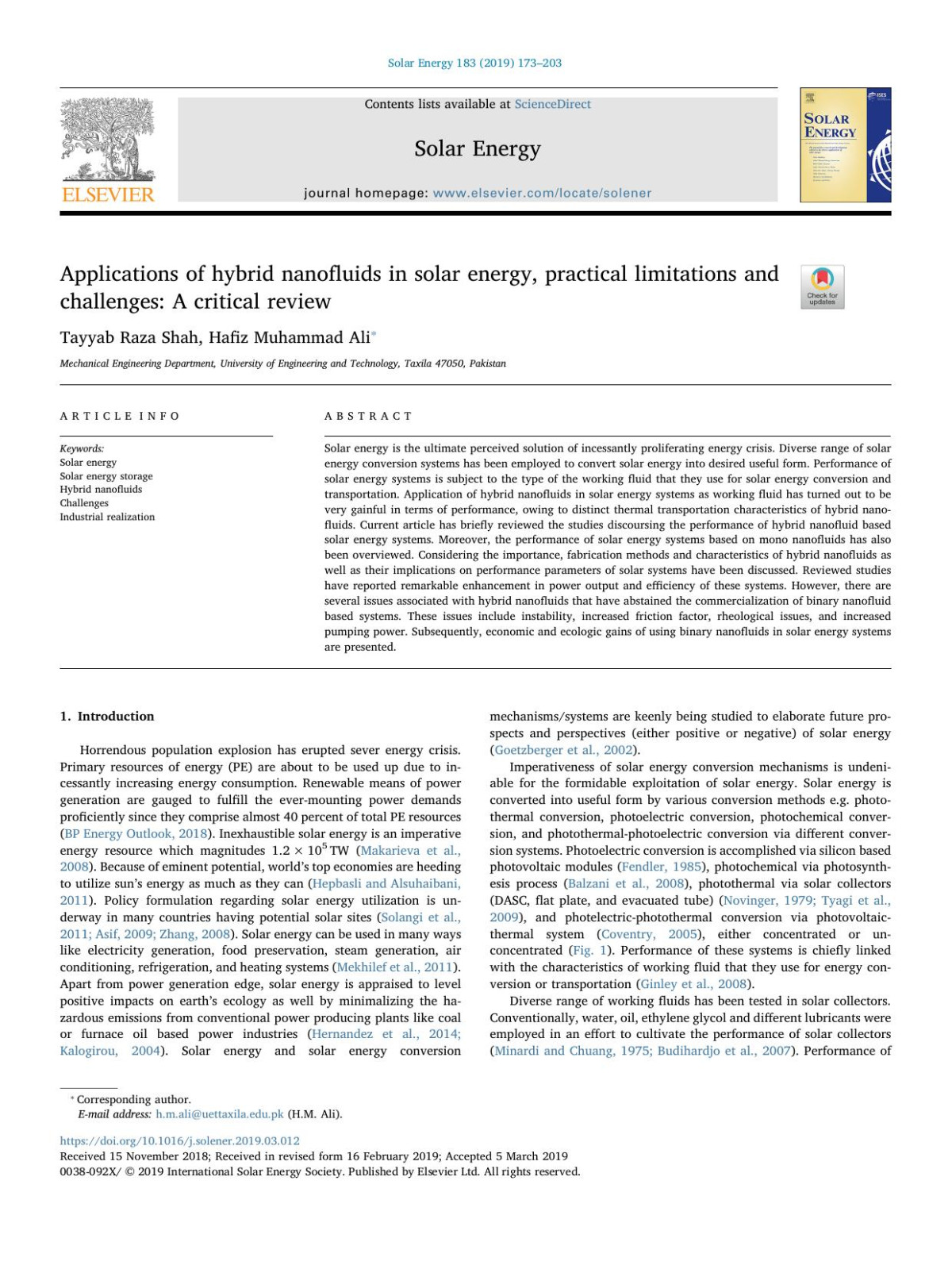 Applications Of Hybrid Nanofluids In Solar Energy Practical Limitations And Challenges A Critical Review Tayyab Raza Shah Hafiz Muhammad Ali