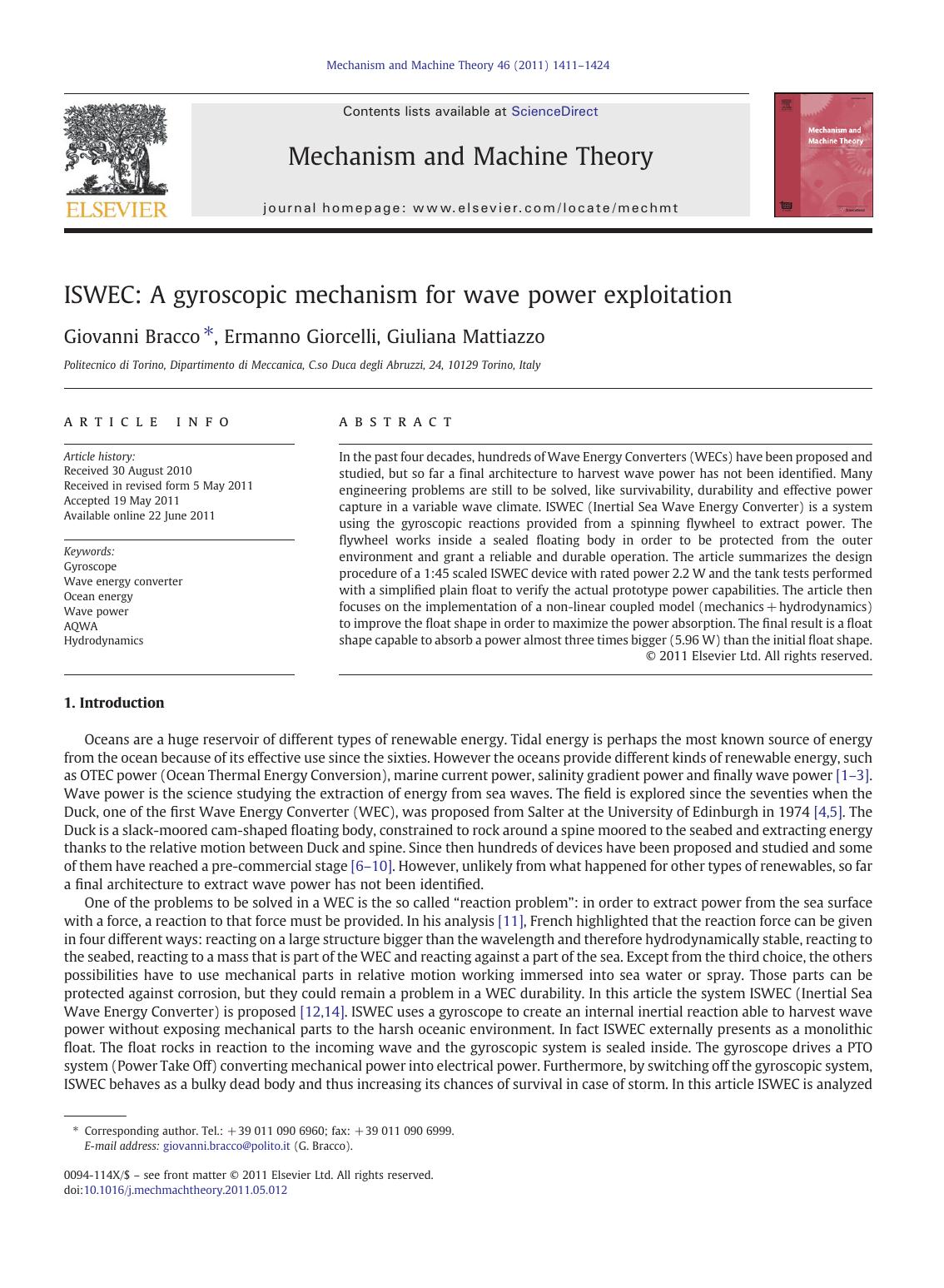 Iswec A Gyroscopic Mechanism For Wave Power Exploitation Giovanni Bracco