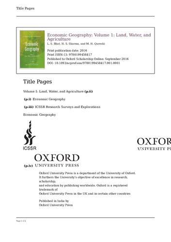 Economic Geography Volume 1 Land Water And Agriculture L S Bhat H S Sharma M H Qureshi