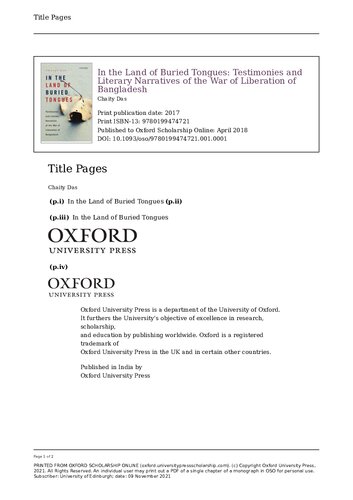 In The Land Of Buried Tongues Testimonies And Literary Narratives Of The War Of Liberation Of Bangladesh 1st Edition Chaity Das