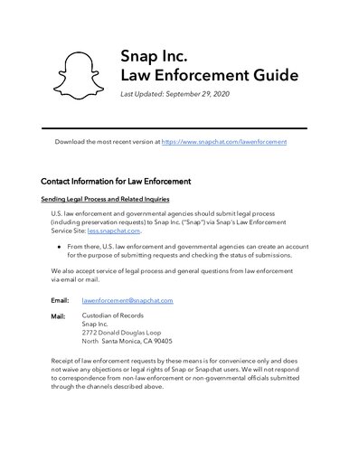 Snapchat Law Enforcement Guide Snap Inc