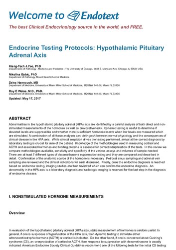 Endocrine Testing Protocols Hypothalamic Pituitary Adrenal Axis Leslie Degroot Md