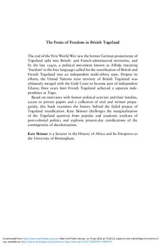 The Fruits Of Freedom In British Togoland Literacy Politics And Nationalism 19142014 Kate Skinner